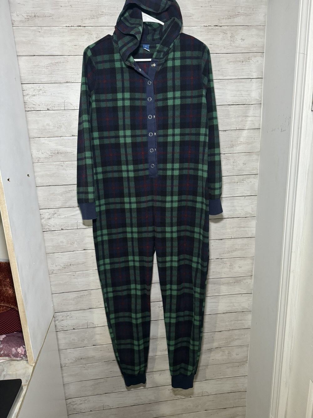 Old Navy Plaid Loungewear Cozy button up Hooded One Piece Pajamas Size Small